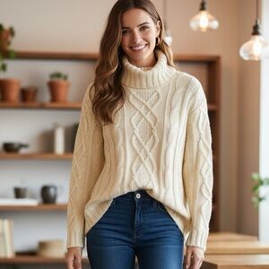 Eddie Bauer Chunky Merino Blend Cream Cable Knit Turtleneck Sweater Size S
